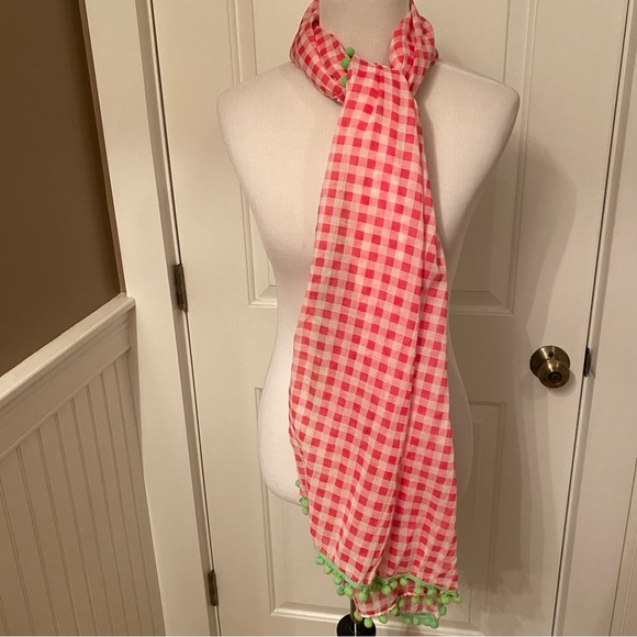 VINEYARD VINES SCARF PINK WHITE GINGHAM CHECK GREEN POM POMS LONG RECTANGLE WRAP